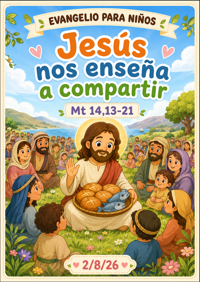 Vista del PDF Evangelio Para Niños abierto con ilustración de Jesús junto a los niños
