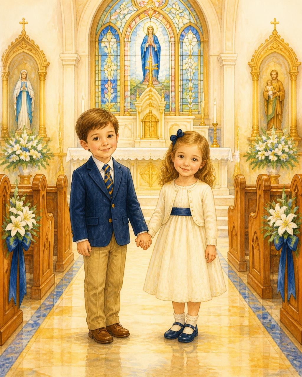 Una niña y un niño tomados de la mano frente al altar de la iglesia